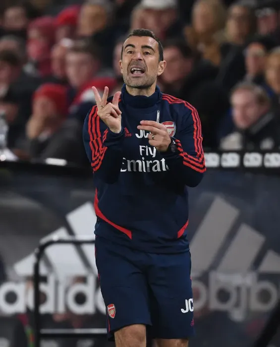 Framed Print : Arsenal Assistant Coach Juan Carlos Cardedo at Sheffield United vs Arsenal, Premier League 2019-20