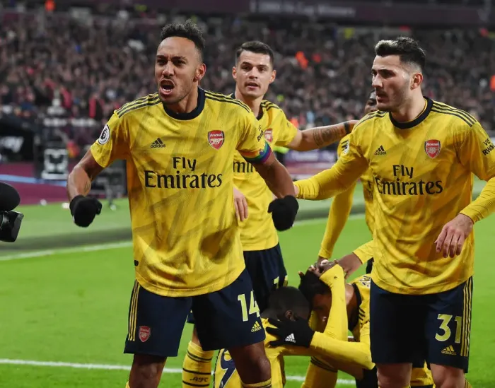 Framed Print : Arsenal: Aubameyang and Kolasinac Celebrate Goal Against West Ham United (2019-20)