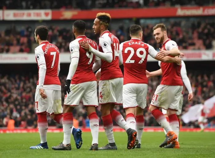 Framed Print : Arsenal: Aubameyang and Lacazette Celebrate Double Strike Against Stoke City (2017-18) Framed Print : Arsenal: Aubameyang and Lacazette Celebrate Double Strike Against Stoke City (2017-18)