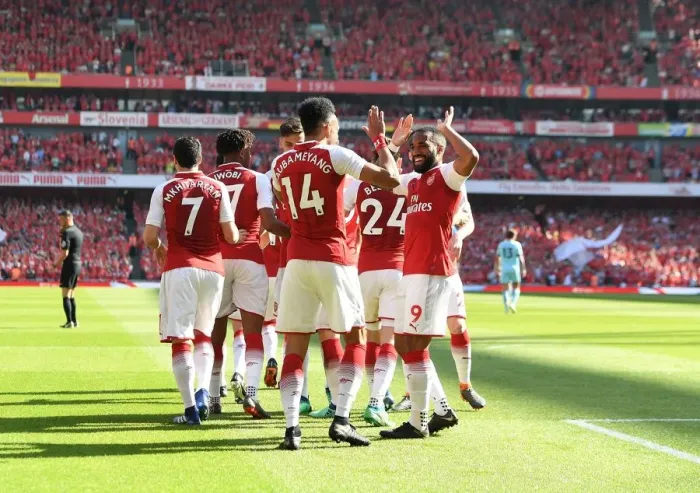 Framed Print : Arsenal: Aubameyang and Lacazette Celebrate First Goal in Arsenal v Burnley Match, 2017-18 Premier League