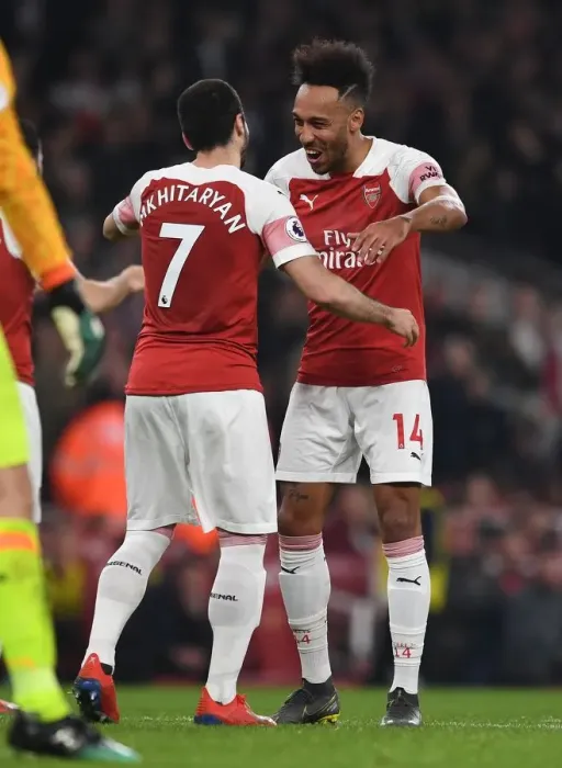 Framed Print : Arsenal: Aubameyang and Mkhitaryan Celebrate Goals Against Bournemouth, Premier League 2018-19