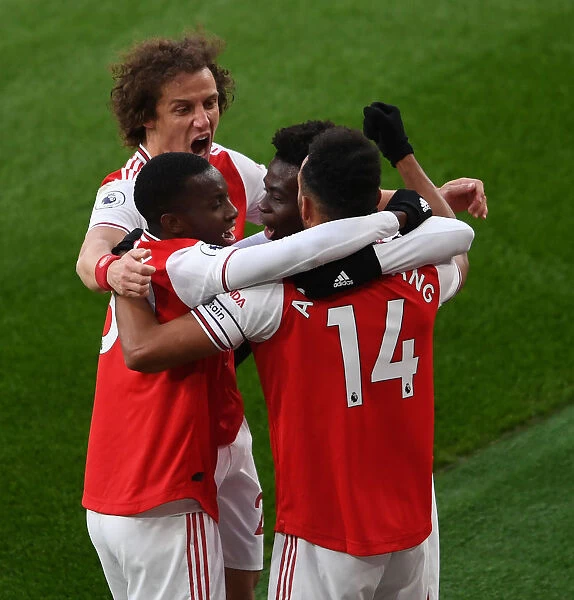 Arsenal: Aubameyang, Nketiah, Saka, and Luiz Celebrate Aubameyang's Second Goal vs. Everton (2019-20)