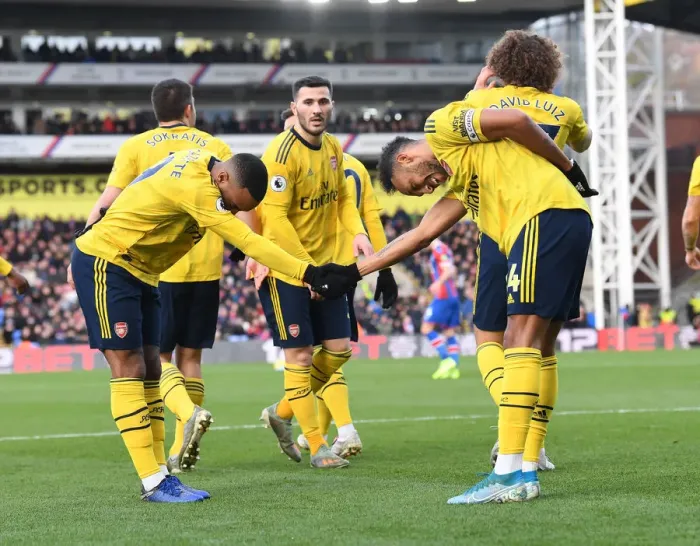 Framed Print : Arsenal: Aubameyang and Pepe's Thrilling Goal Celebration vs Crystal Palace, Premier League 2019-20