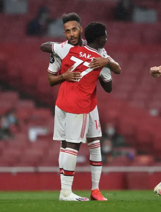 Framed Print : Arsenal: Aubameyang and Saka's Unforgettable Goal Celebration vs Leicester City (2019-20)