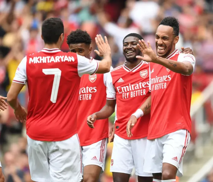 Framed Print : Arsenal: Aubameyang Scores, Mkhitaryan, Nelson, Maitland-Niles Celebrate in 2019 Emirates Cup