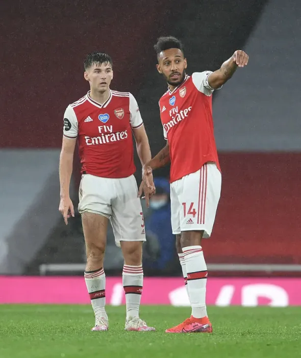 Framed Print : Arsenal: Aubameyang and Tierney in Action against Leicester City (2019-20)