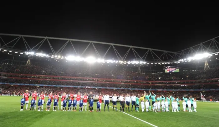 Framed Print : Arsenal and Barcelona line up before the match. Arsenal 2: 1 Barcelona, UEFA Champions League
