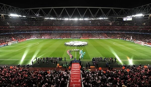 The Arsenal and Barcelona team walk out before the match. Arsenal 2: 1 Barcelona