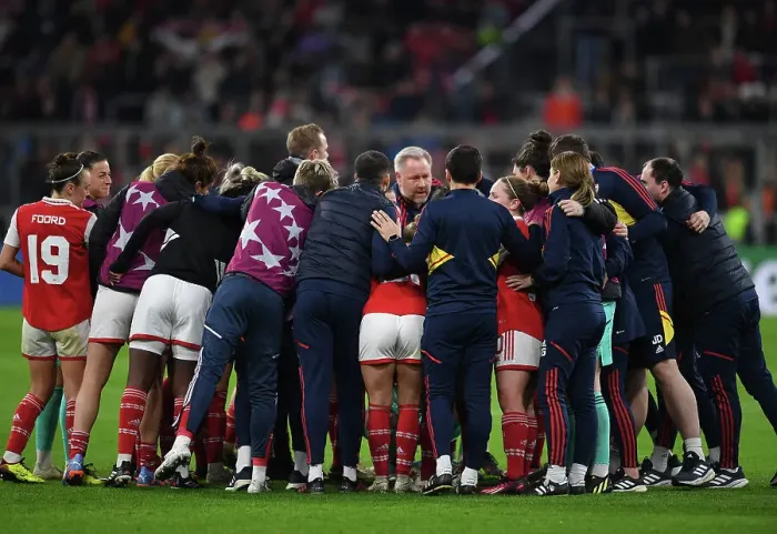 Framed Print : Arsenal and Bayern Munich Huddle Up in UEFA Women's Champions League Quarter-Final Framed Print : Arsenal and Bayern Munich Huddle Up in UEFA Women's Champions League Quarter-Final