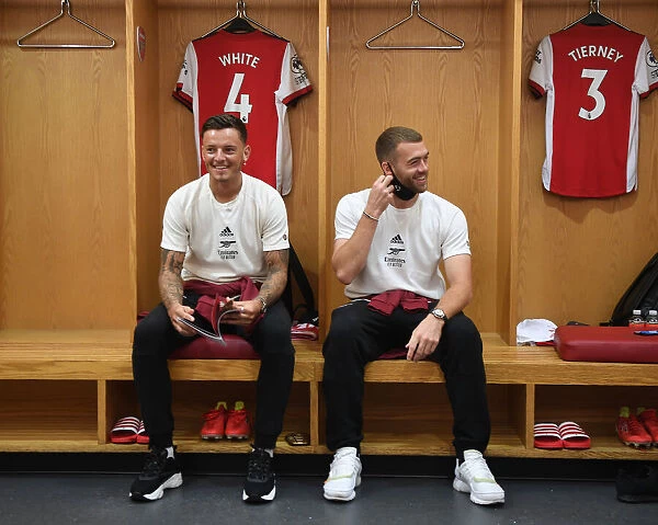 Arsenal: Ben White and Calum Chambers in the Changing Room before Arsenal vs Norwich City (2021-22)