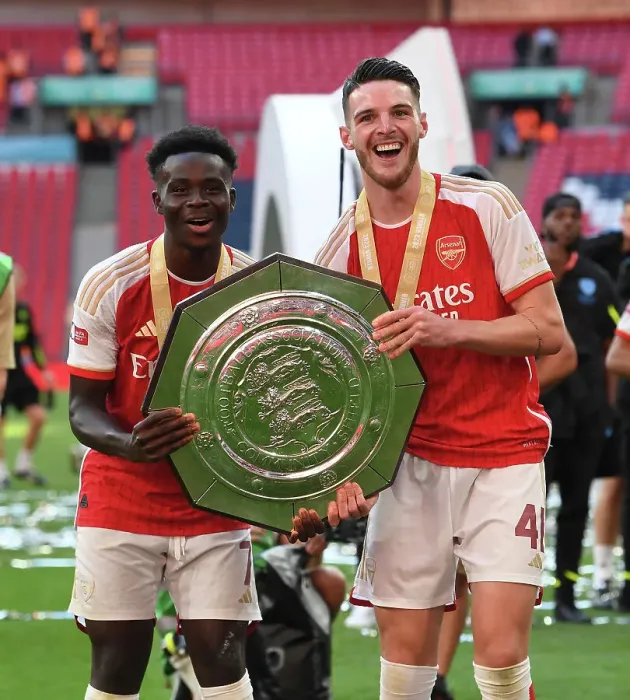 Framed Print : Arsenal: Bukayo Saka and Declan Rice Lift the Community Shield Trophy Framed Print : Arsenal: Bukayo Saka and Declan Rice Lift the Community Shield Trophy