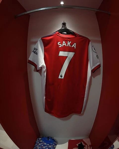 Arsenal: Bukayo Saka's Shirt in Arsenal Changing Room before Arsenal vs. Wolverhampton Wanderers (2021-22)