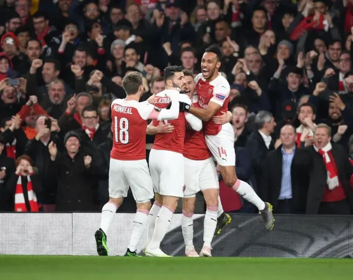 Framed Print : Arsenal Celebrate Aaron Ramsey's Goal Against Napoli in Europa League Quarterfinal Framed Print : Arsenal Celebrate Aaron Ramsey's Goal Against Napoli in Europa League Quarterfinal