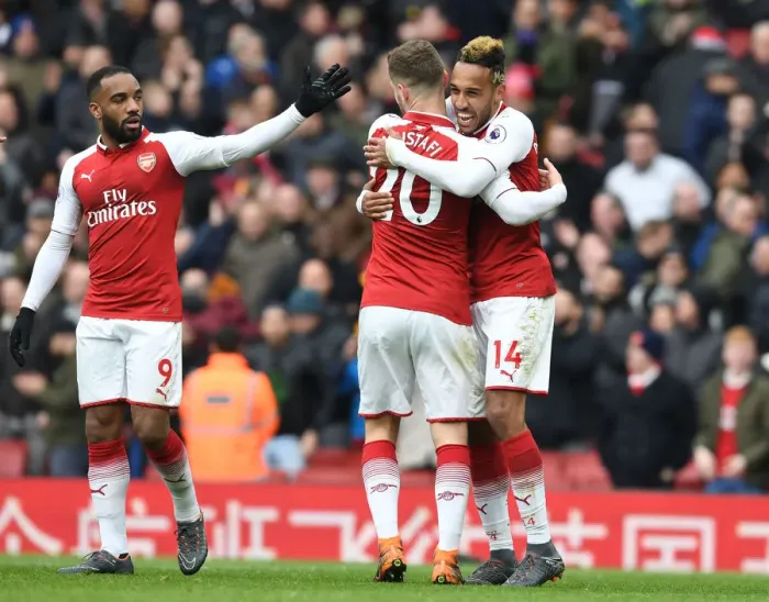 Framed Print : Arsenal Celebrate: Aubameyang, Mustafi, Lacazette's Goal Scoring Moment vs Stoke City (2017-18)