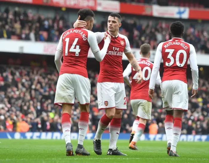 Framed Print : Arsenal Celebrate: Aubameyang and Xhaka Score against Watford (2017-18)