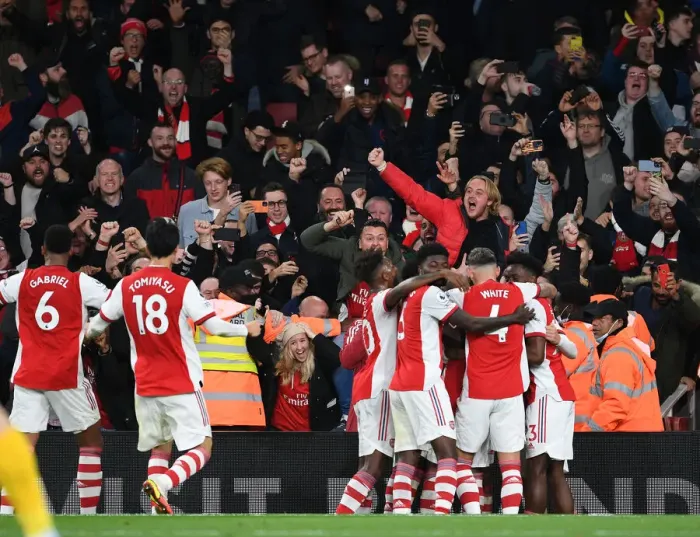 Framed Print : Arsenal Celebrate Aubameyang's Goal Against Aston Villa in the 2021-22 Premier League Framed Print : Arsenal Celebrate Aubameyang's Goal Against Aston Villa in the 2021-22 Premier League
