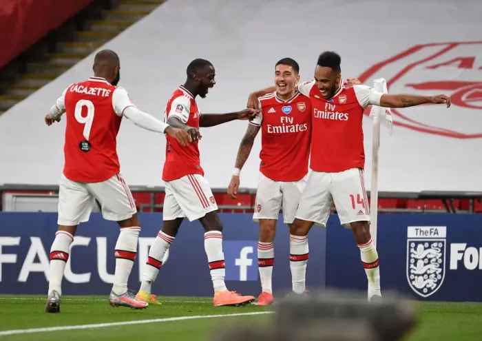 Framed Print : Arsenal Celebrate Aubameyang's Goal: FA Cup Semi-Final vs Manchester City (2019-20) Framed Print : Arsenal Celebrate Aubameyang's Goal: FA Cup Semi-Final vs Manchester City (2019-20)