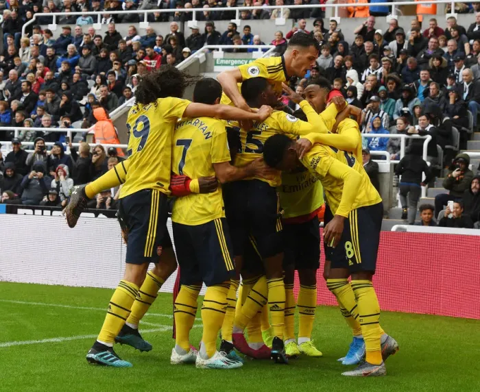 Framed Print : Arsenal Celebrate Aubameyang's Goal: Premier League 2019-20 vs Newcastle United - St. James Park