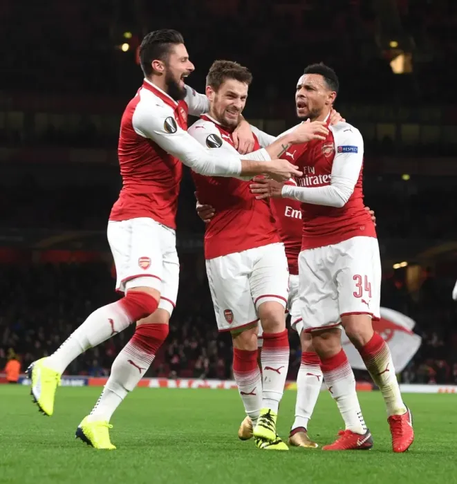 Framed Print : Arsenal Celebrate Debuchy's Europa League Goal: Giroud and Coquelin Join In Framed Print : Arsenal Celebrate Debuchy's Europa League Goal: Giroud and Coquelin Join In