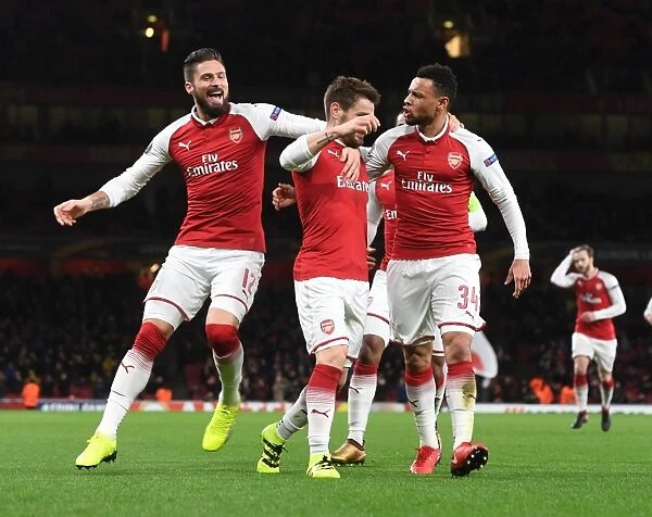 Arsenal Celebrate Debuchy's Goal Against BATE Borisov in Europa League