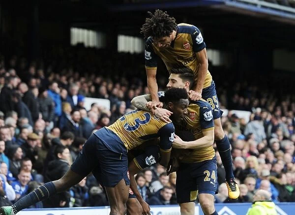 Arsenal Celebrate Double Strike: Iwobi, Welbeck, Bellerin, and Elneny Rejoice After Goals vs. Everton (2015-16)