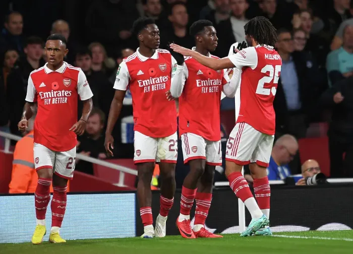 Framed Print : Arsenal Celebrate Eddie Nketiah's Goal Against Brighton in Carabao Cup Third Round