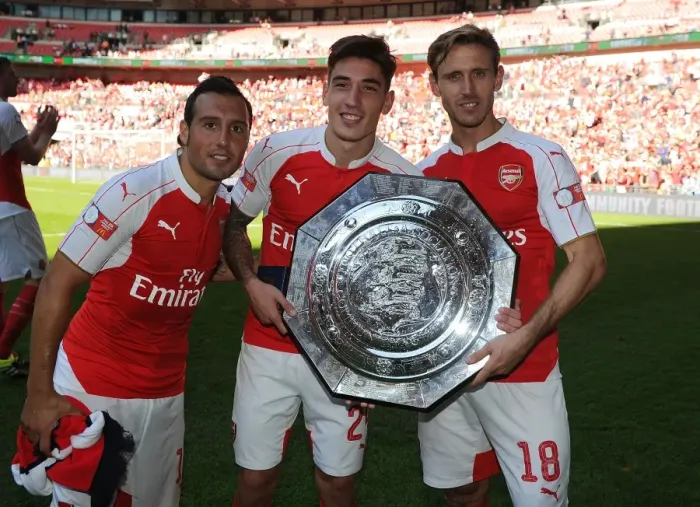 Framed Print : Arsenal Celebrate FA Community Shield Victory over Chelsea (2015): Santi Cazorla, Hector Bellerin, and Nacho Monreal Rejoice Framed Print : Arsenal Celebrate FA Community Shield Victory over Chelsea (2015): Santi Cazorla, Hector Bellerin, and Nacho Monreal Rejoice