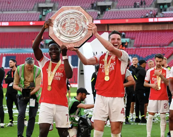 Framed Print : Arsenal Celebrate FA Community Shield Win: Bukayo Saka and Declan Rice Framed Print : Arsenal Celebrate FA Community Shield Win: Bukayo Saka and Declan Rice