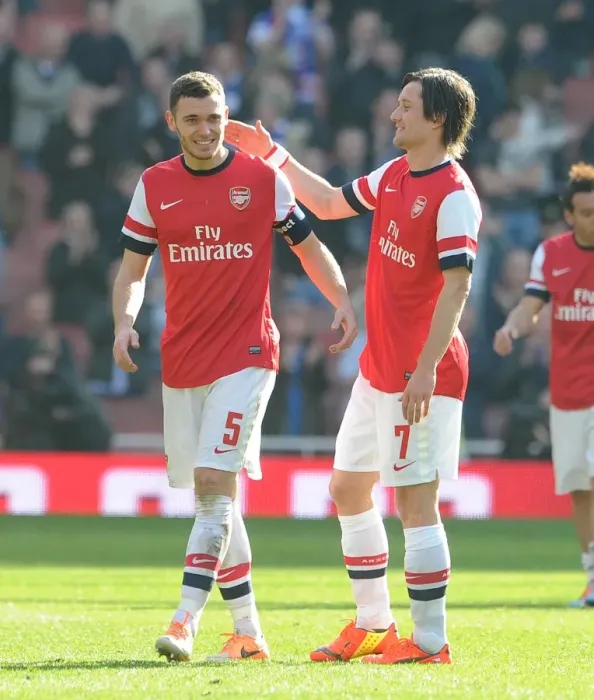 Framed Print : Arsenal Celebrate FA Cup Quarter-Final Victory: Thomas Vermaelen and Tomas Rosicky