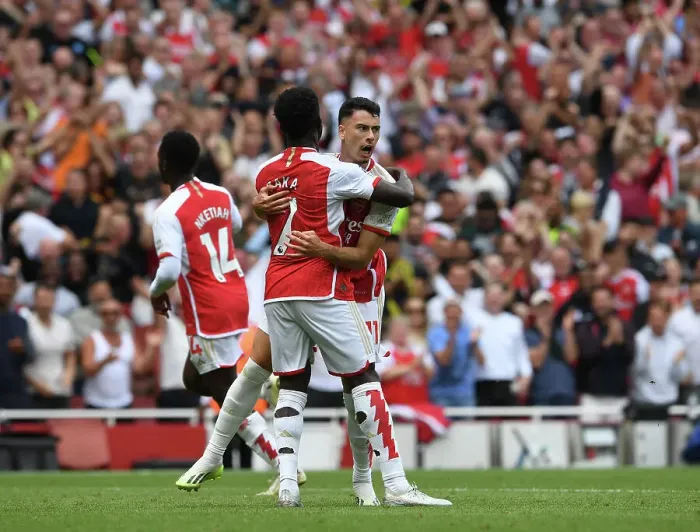 Framed Print : Arsenal Celebrate First Goal: Martinelli and Saka vs. Nottingham Forest (2023-24) Framed Print : Arsenal Celebrate First Goal: Martinelli and Saka vs. Nottingham Forest (2023-24)