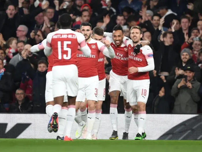 Framed Print : Arsenal Celebrate First Goal Against Napoli in Europa League Quarterfinal Framed Print : Arsenal Celebrate First Goal Against Napoli in Europa League Quarterfinal