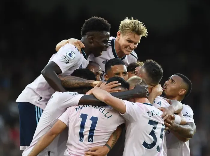 Framed Print : Arsenal Celebrate First Goal: Odegaard, Saka, Saliba, and Jesus vs Crystal Palace, 2022-23 Premier League