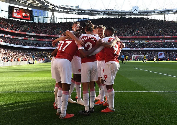 Arsenal Celebrate First Goal: Ozil, Lacazette, Bellerin (Arsenal v Watford, 2018-19)
