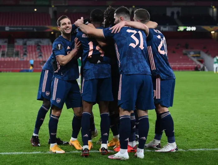Framed Print : Arsenal Celebrate First Goal Against Rapid Wien in Europa League