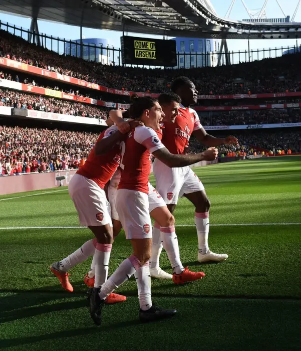 Framed Print : Arsenal Celebrate First Goal: Xhaka, Lacazette, Bellerin, Welbeck (Arsenal v Watford 2018-19)