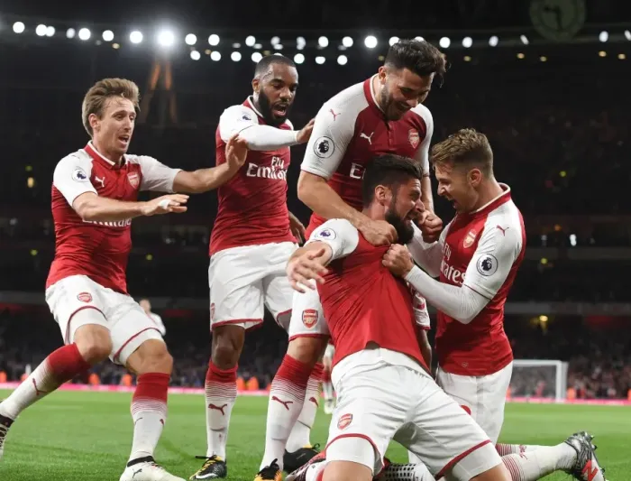 Framed Print : Arsenal Celebrate: Giroud, Ramsey, Lacazette, Monreal, Kolasinac (vs Leicester City, 2017-18)