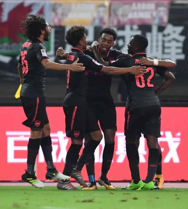 Framed Print : Arsenal Celebrate Goal Against Bayern Munich: Elneny, Nelson, Willock, Nketiah (2017-18)