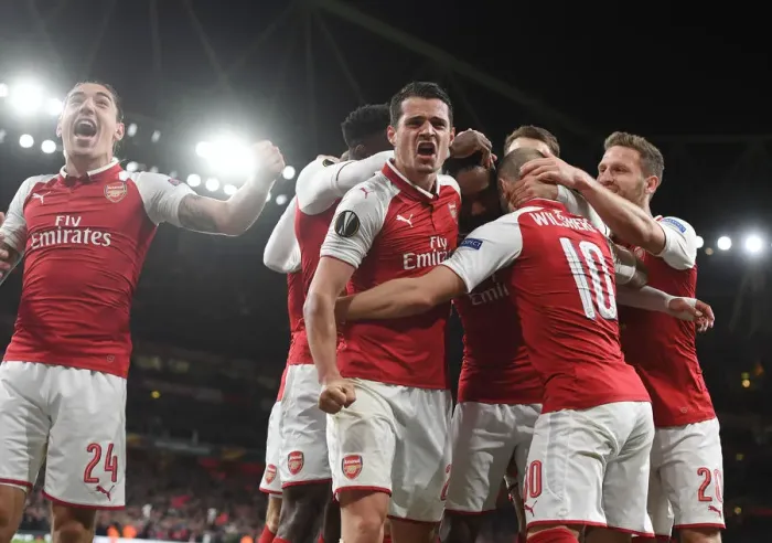 Framed Print : Arsenal Celebrate Goal: Bellerin and Xhaka vs Atletico Madrid, UEFA Europa League Semi-Final
