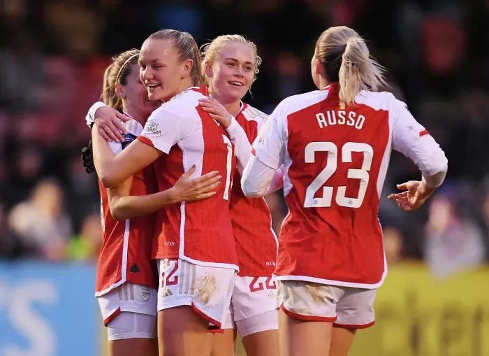 Framed Print : Arsenal Celebrate Third Goal Against Brighton & Hove Albion in Barclays Women's Super League