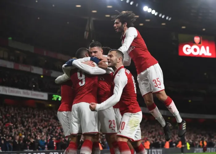 Framed Print : Arsenal Celebrate Goals: Jack Wilshere and Mohamed Elneny vs. Chelsea - Carabao Cup Semi-Final