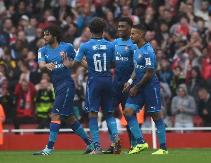 Framed Print : Arsenal Celebrate: Iwobi, Walcott, Elneny, Nelson (Arsenal v Benfica, Emirates Cup 2017-18) Framed Print : Arsenal Celebrate: Iwobi, Walcott, Elneny, Nelson (Arsenal v Benfica, Emirates Cup 2017-18)