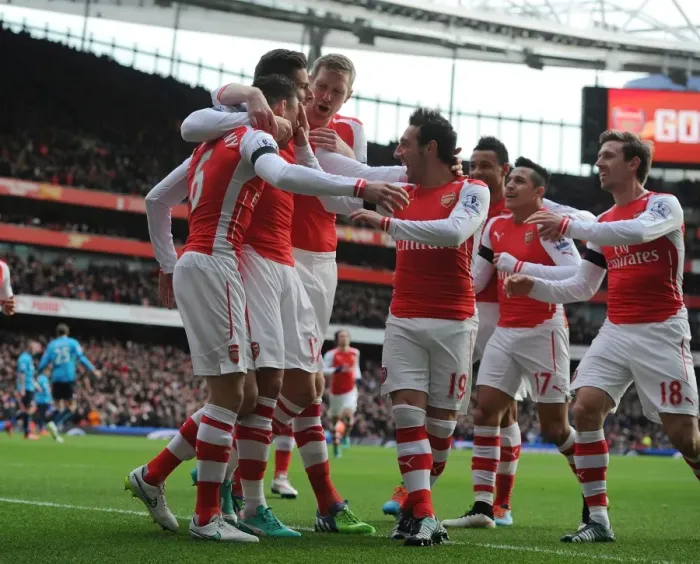 Framed Print : Arsenal Celebrate Koscielny's Goal Against Stoke City, Premier League 2014-15 Framed Print : Arsenal Celebrate Koscielny's Goal Against Stoke City, Premier League 2014-15