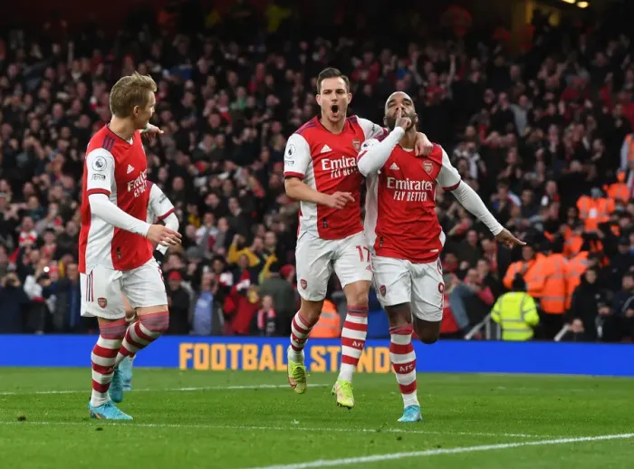 Framed Print : Arsenal Celebrate: Lacazette's Double with Odegaard and Cedric (2021-22) Framed Print : Arsenal Celebrate: Lacazette's Double with Odegaard and Cedric (2021-22)