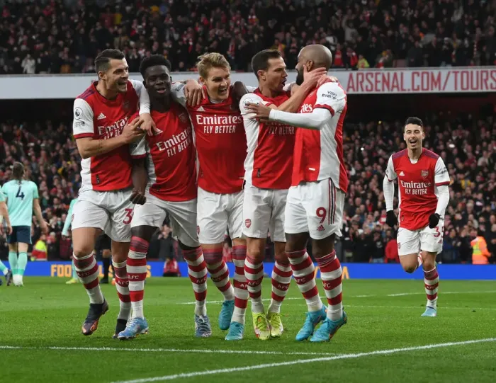 Framed Print : Arsenal Celebrate Lacazette's Goal: Xhaka, Saka, Odegaard, and Cedric Rejoice (2021-22) Framed Print : Arsenal Celebrate Lacazette's Goal: Xhaka, Saka, Odegaard, and Cedric Rejoice (2021-22)
