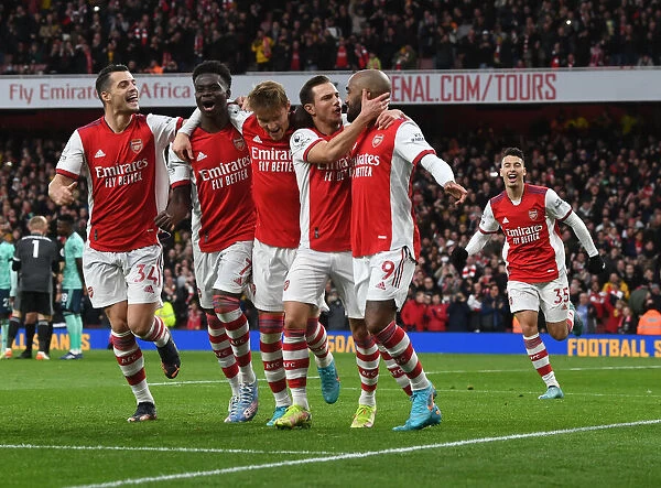 Arsenal Celebrate Lacazette's Goal: Xhaka, Saka, Odegaard, Cedric