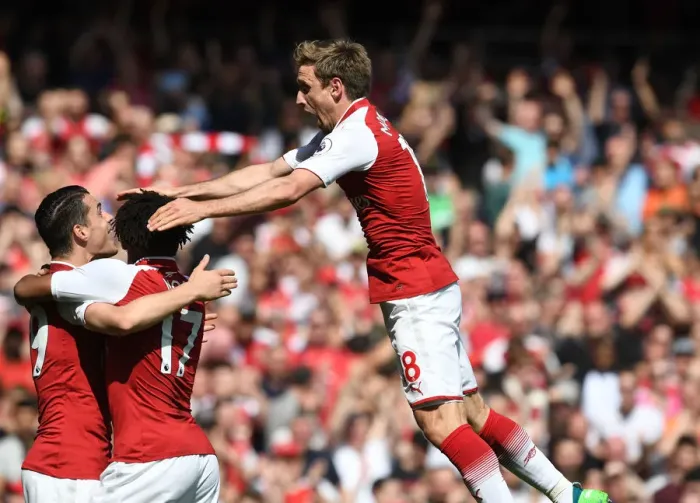 Framed Print : Arsenal Celebrate: Monreal, Iwobi, Xhaka Score Against West Ham United (2017-18) Framed Print : Arsenal Celebrate: Monreal, Iwobi, Xhaka Score Against West Ham United (2017-18)