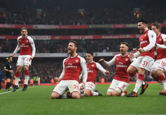 Framed Print : Arsenal Celebrate Mustafi's Goal Against Tottenham (2017-18) Framed Print : Arsenal Celebrate Mustafi's Goal Against Tottenham (2017-18)