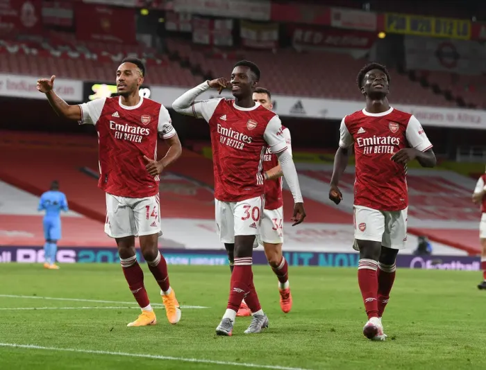 Framed Print : Arsenal Celebrate: Nketiah, Aubameyang, Saka Score Against West Ham