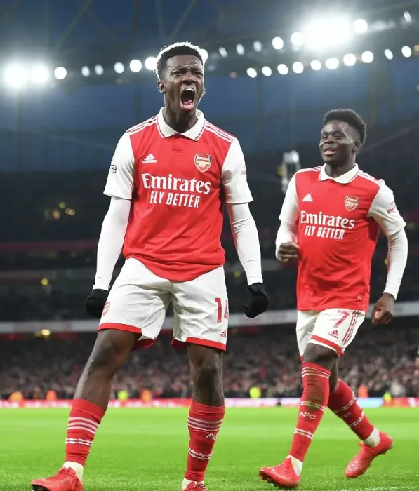 Framed Print : Arsenal Celebrate: Nketiah and Saka's Goals Against Manchester United (2022-23)