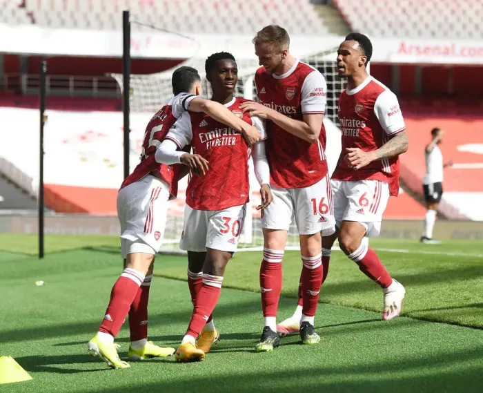 Framed Print : Arsenal Celebrate Nketiah's Goal Against Fulham in Empty Emirates Stadium (2020-21)